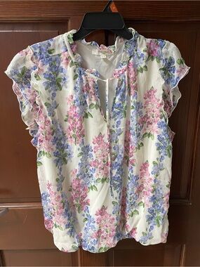 Haven & Blair Women’s Blouse Size XL  Ruffle Tie-Neck & Sleeve Elastic Waist